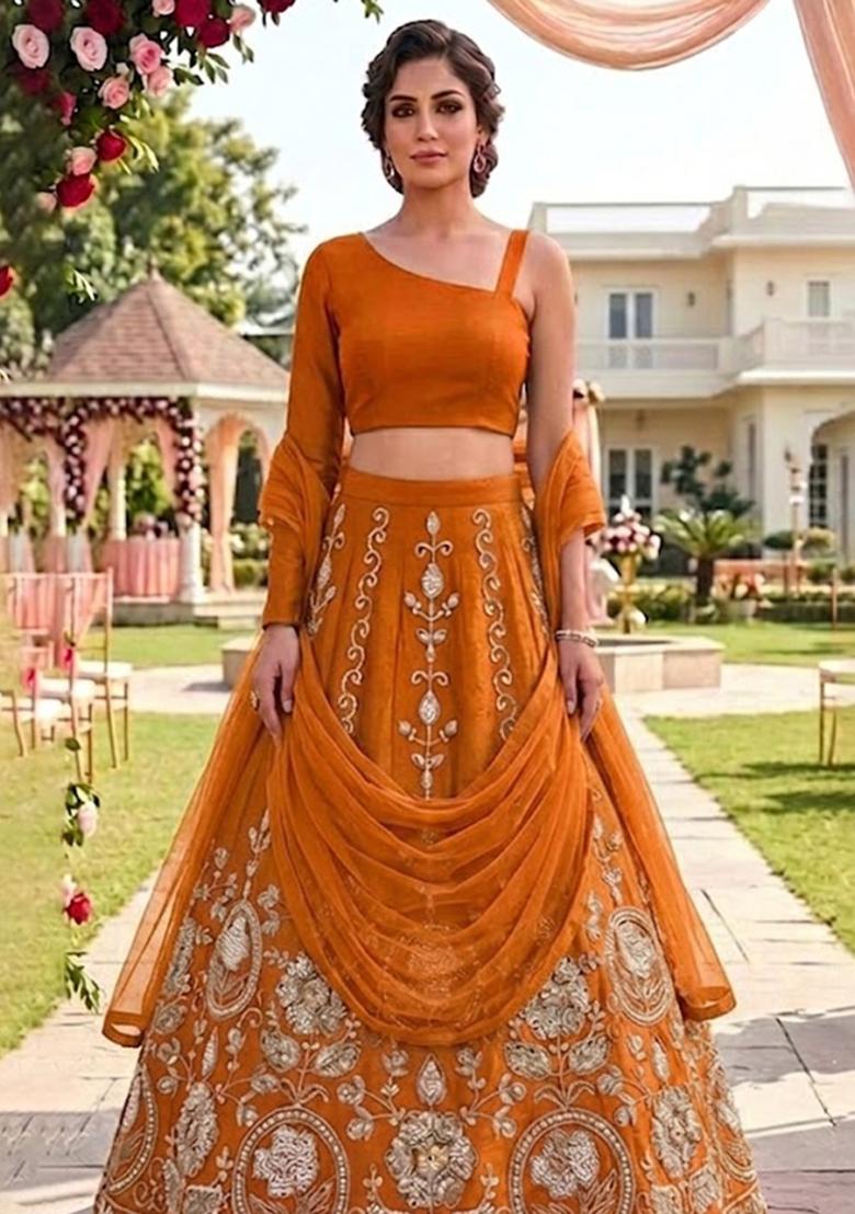 Rust Orange Embellished Lehenga Set - Indya