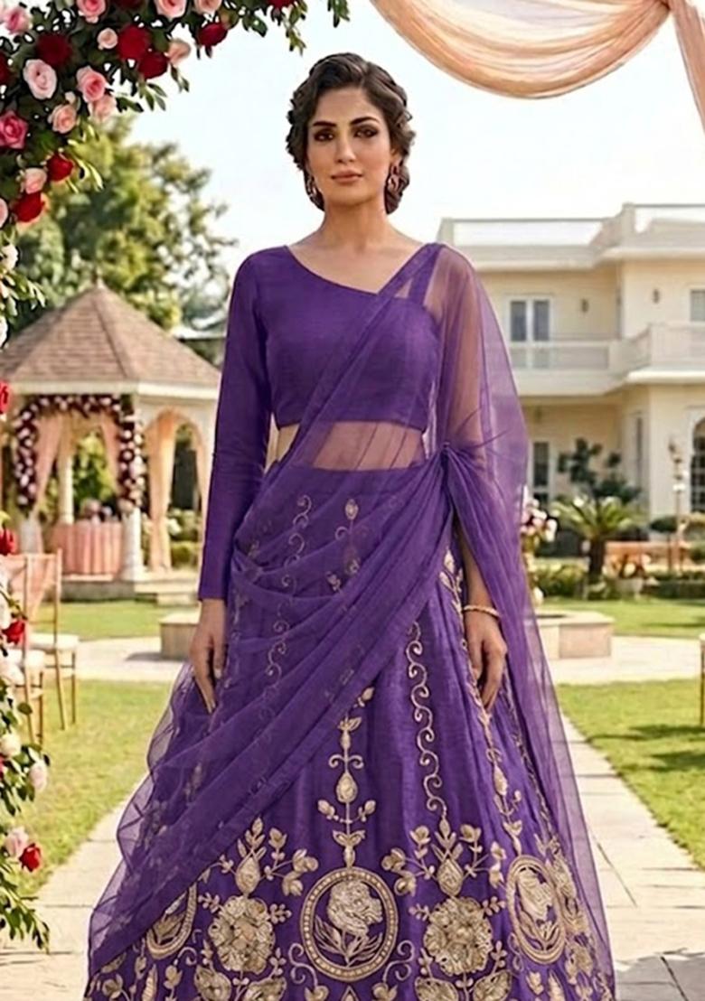 Dark Purple Embellished Lehenga Set - Indya