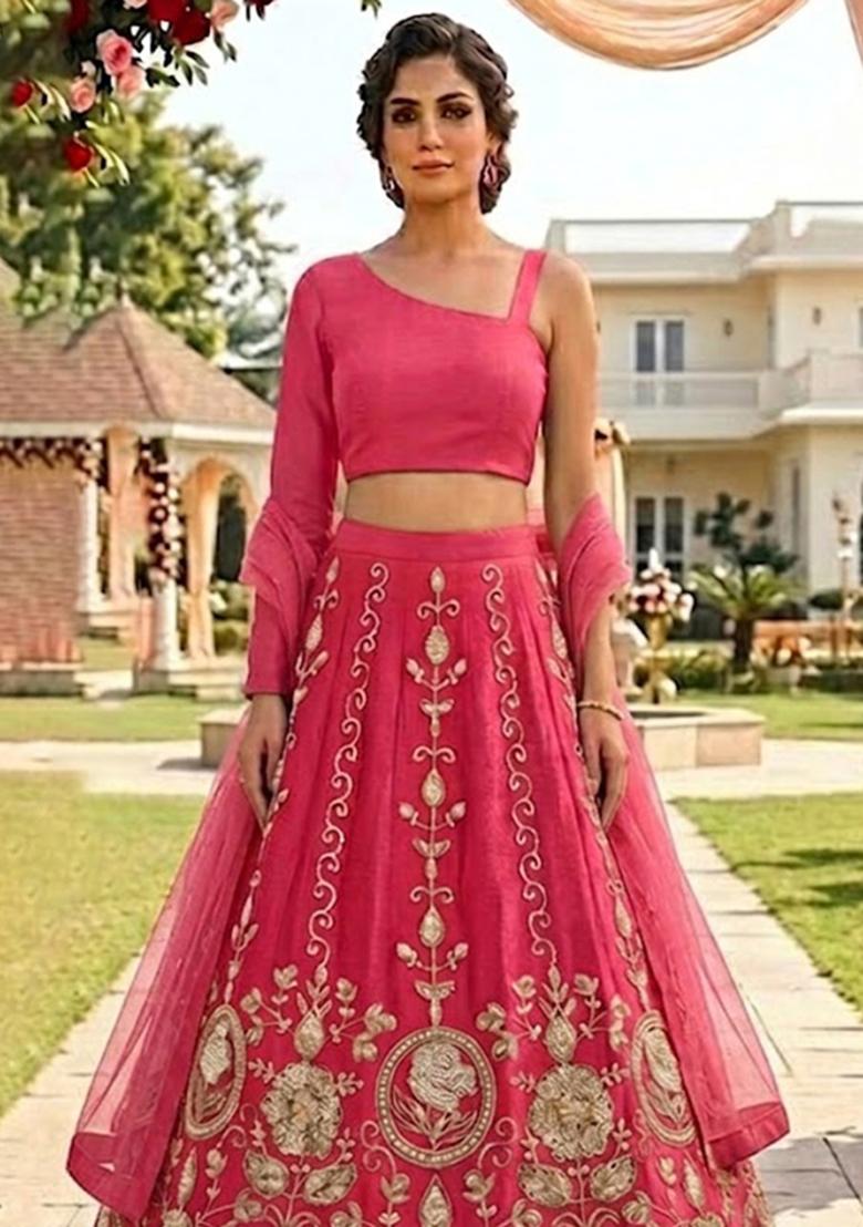 Rose Pink Embroidered Lehenga Set - Indya