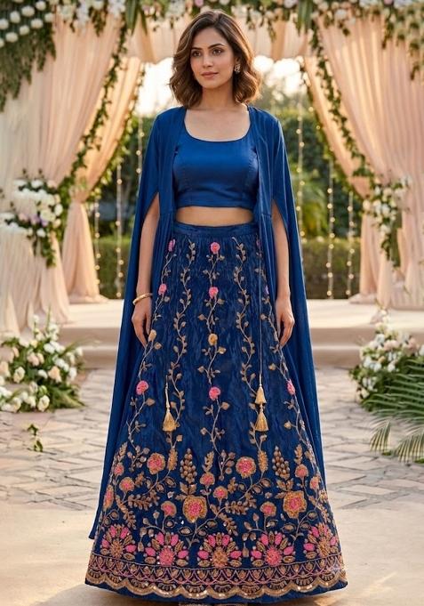 Cobalt Blue Embroidered Lehenga Set