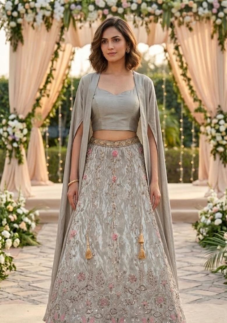 Slate Grey Embellished Lehenga Set - Indya