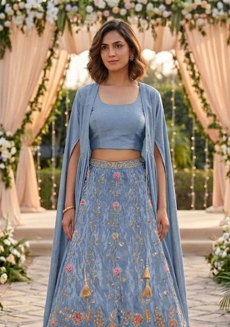 Dusty Blue Embellished Lehenga Set - Indya