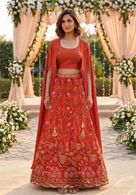 Burnt Orange Embroidered Lehenga Set