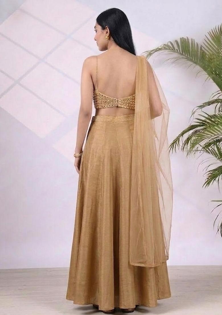 Antique Gold Mirror Work Lehenga Set - Indya