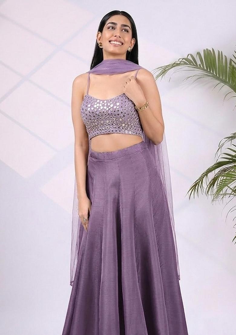 Dusty Purple Mirror Work Lehenga Set - Indya