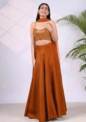 Rust Orange Mirror Work Lehenga Set