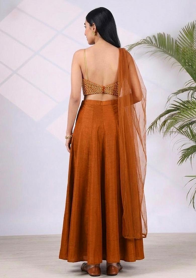 Rust Orange Mirror Work Lehenga Set - Indya