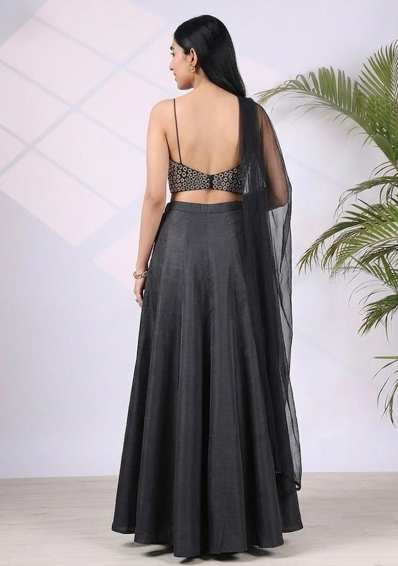 Charcoal Grey Mirror Work Lehenga Set - Indya