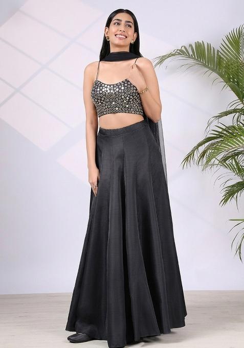 Charcoal Grey Mirror Work Lehenga Set