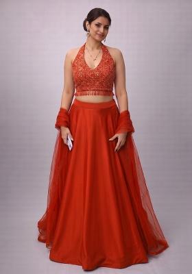 Rust Orange Embroidered Lehenga Set
