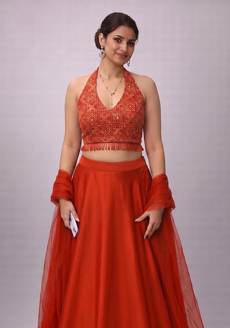 Rust Orange Embroidered Lehenga Set - Indya