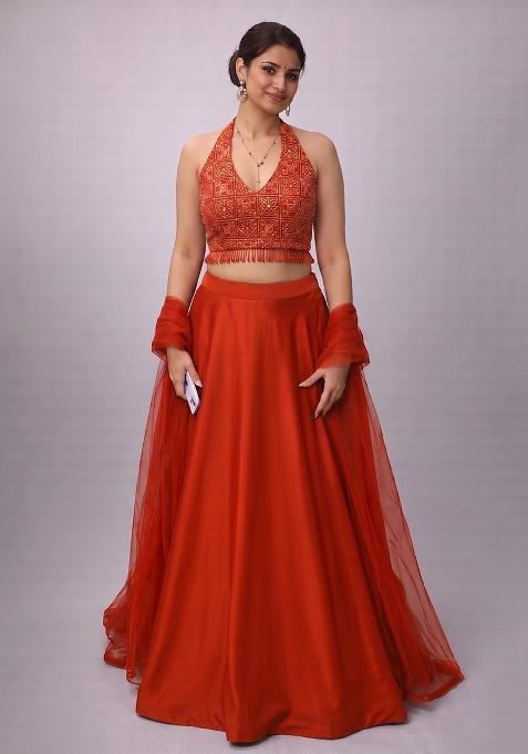 Rust Orange Embroidered Lehenga Set