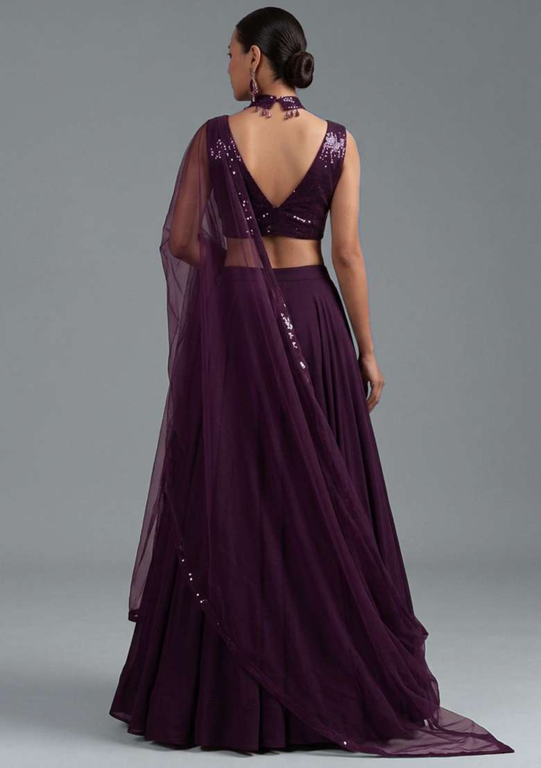 Deep Purple Sequin Lehenga Set for Diwali and Festive Wear - Indya