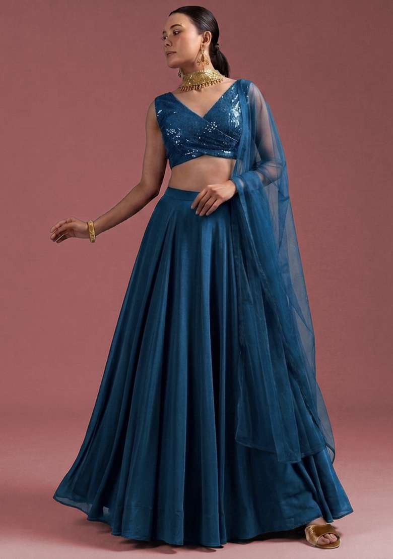 Teal Lehenga Set with Sequin for Diwali | Wedding & Festive Wear - Indya