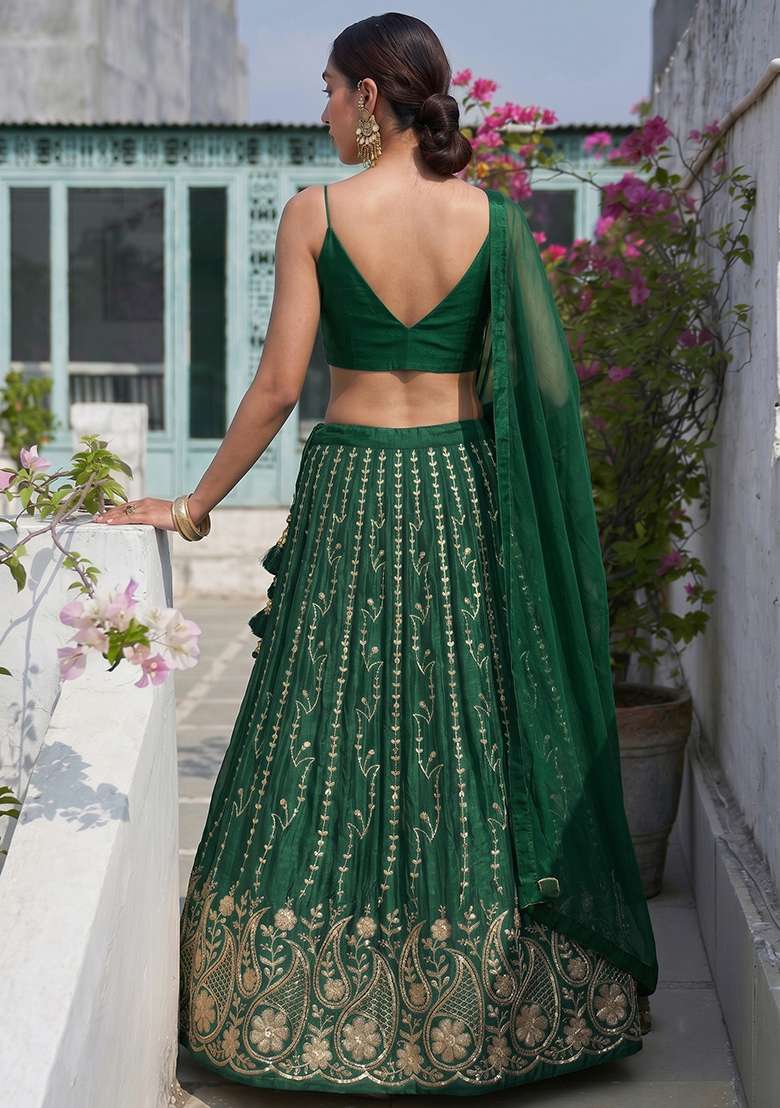 Emerald Green Embroidered Lehenga Set - Indya