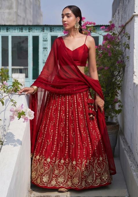 Crimson Red Zari Work Lehenga Set