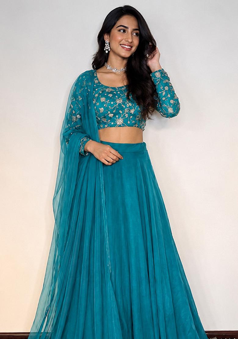 Teal Embroidered Lehenga Set - Indya