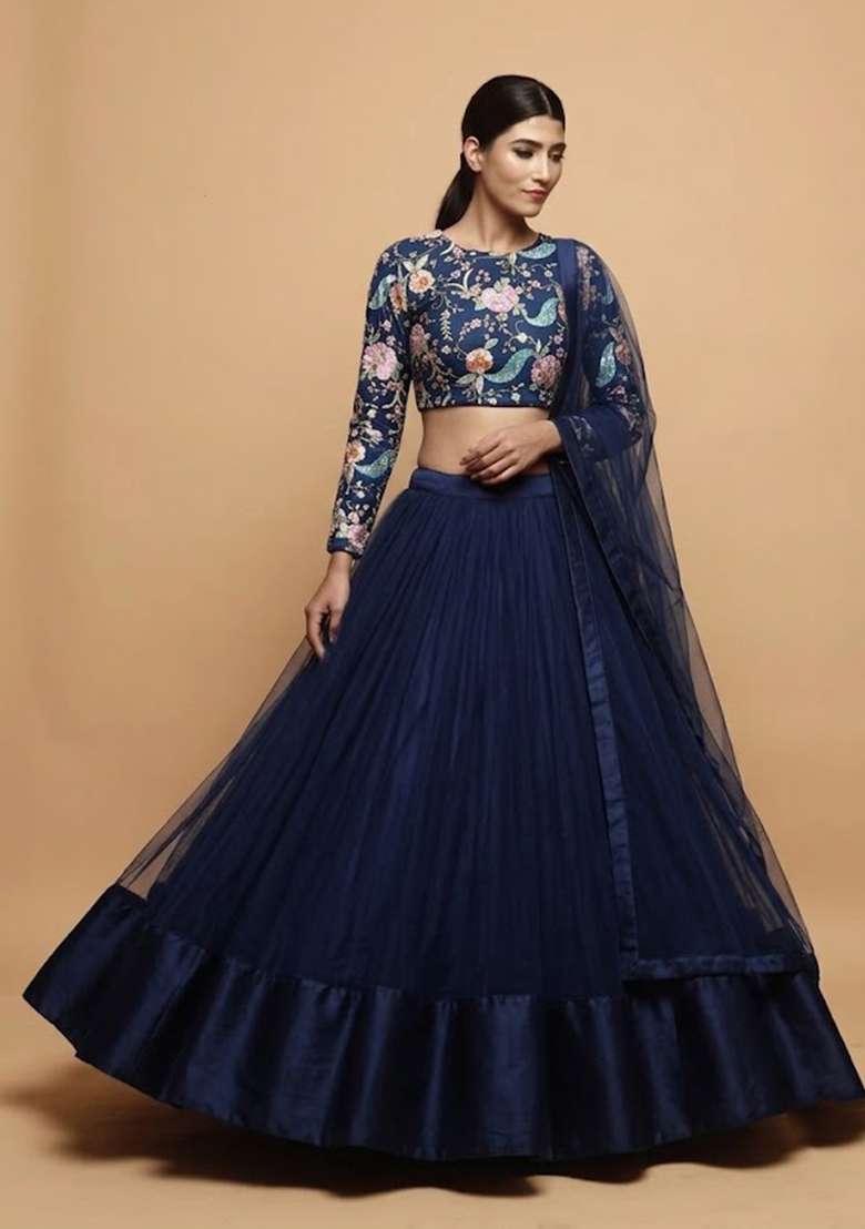 Navy Blue Printed Crepe Lehenga Set - Indya