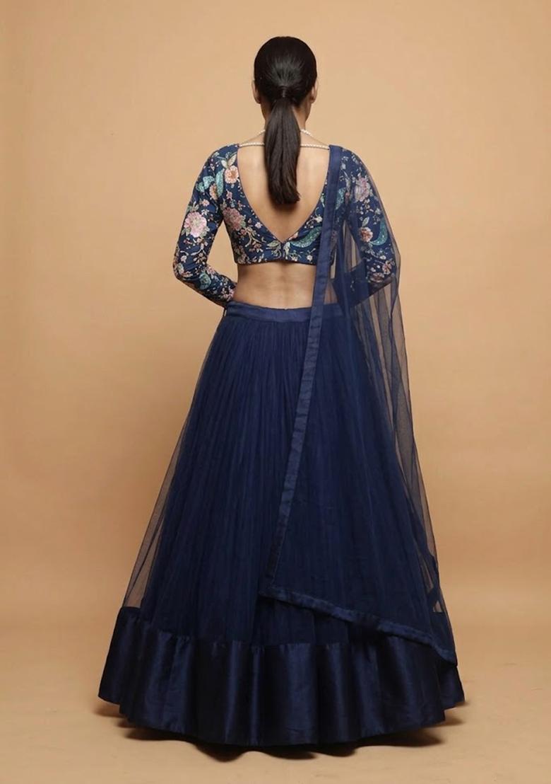 Navy Blue Printed Crepe Lehenga Set - Indya