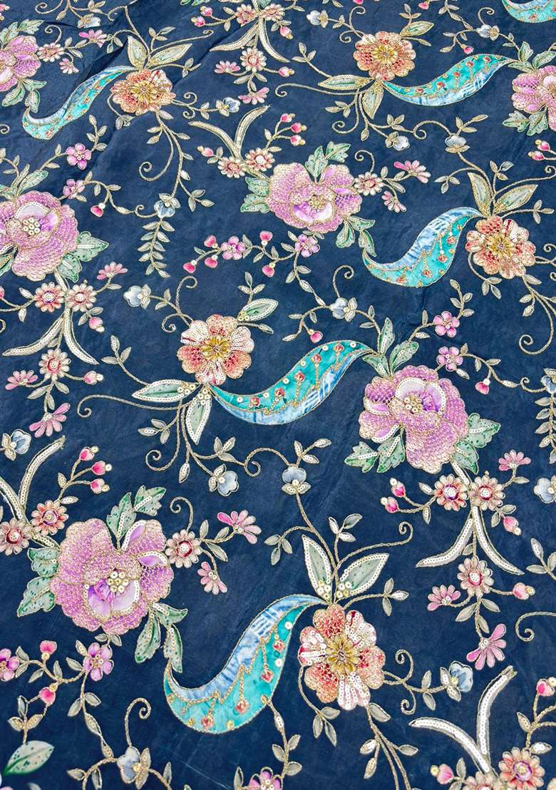 Navy Blue Printed Crepe Lehenga Set - Indya