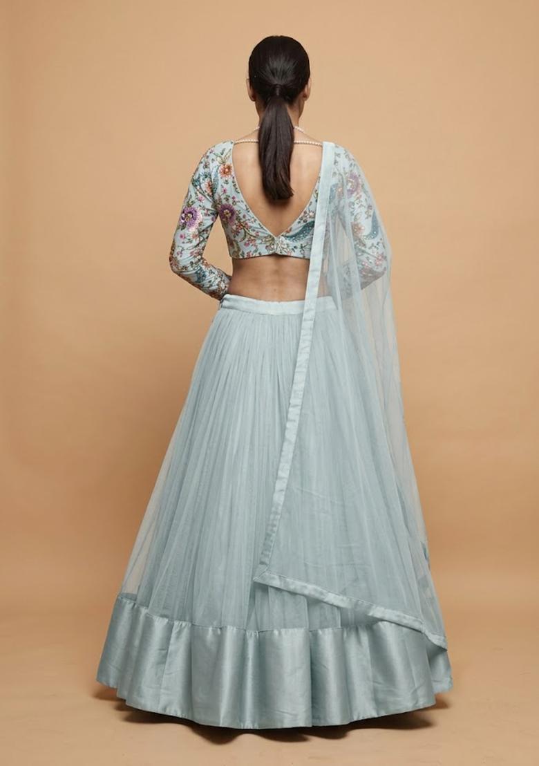 Silver Blue Printed Crepe Lehenga Set - Indya