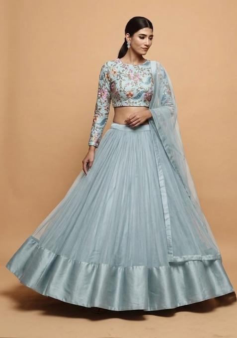 Silver Blue Printed Crepe Lehenga Set