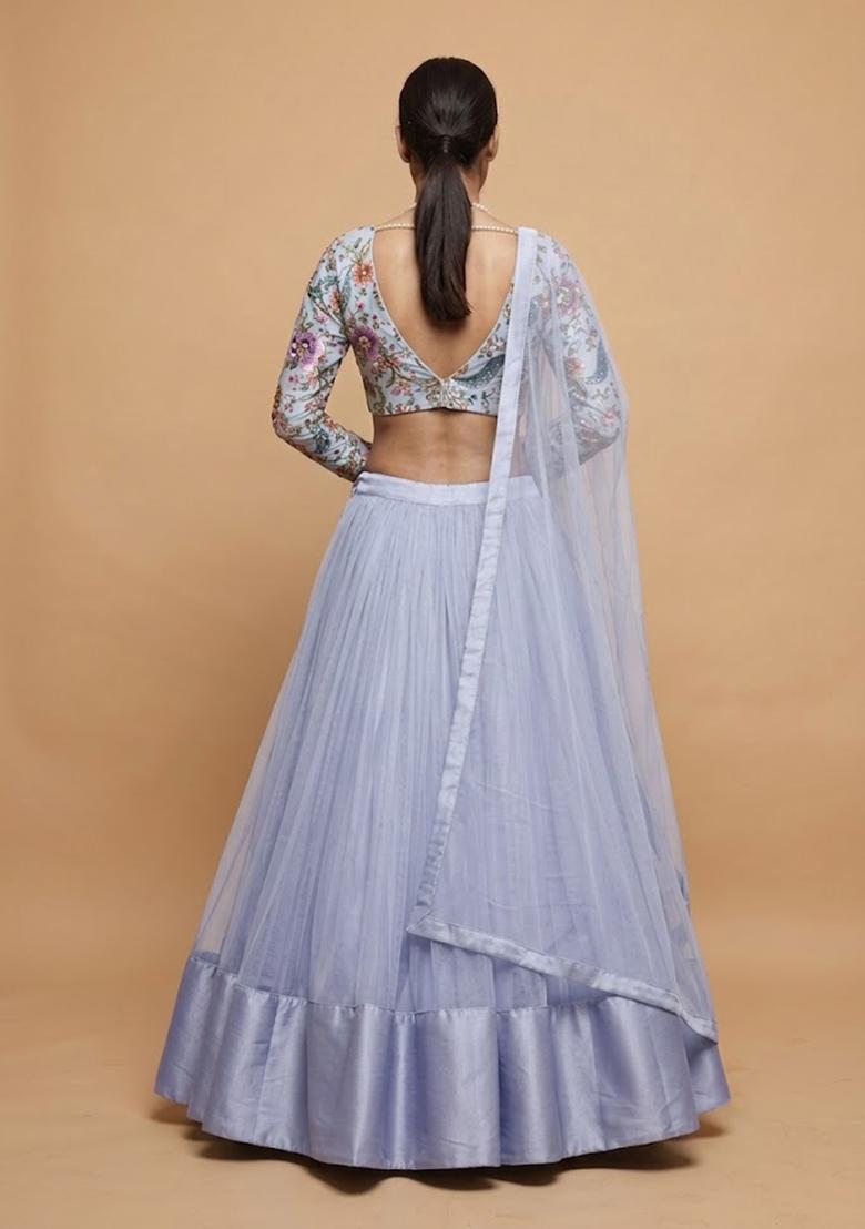 Misty Blue Printed Crepe Lehenga Set - Indya