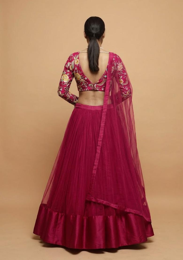 Dark Magenta Printed Crepe Lehenga Set - Indya