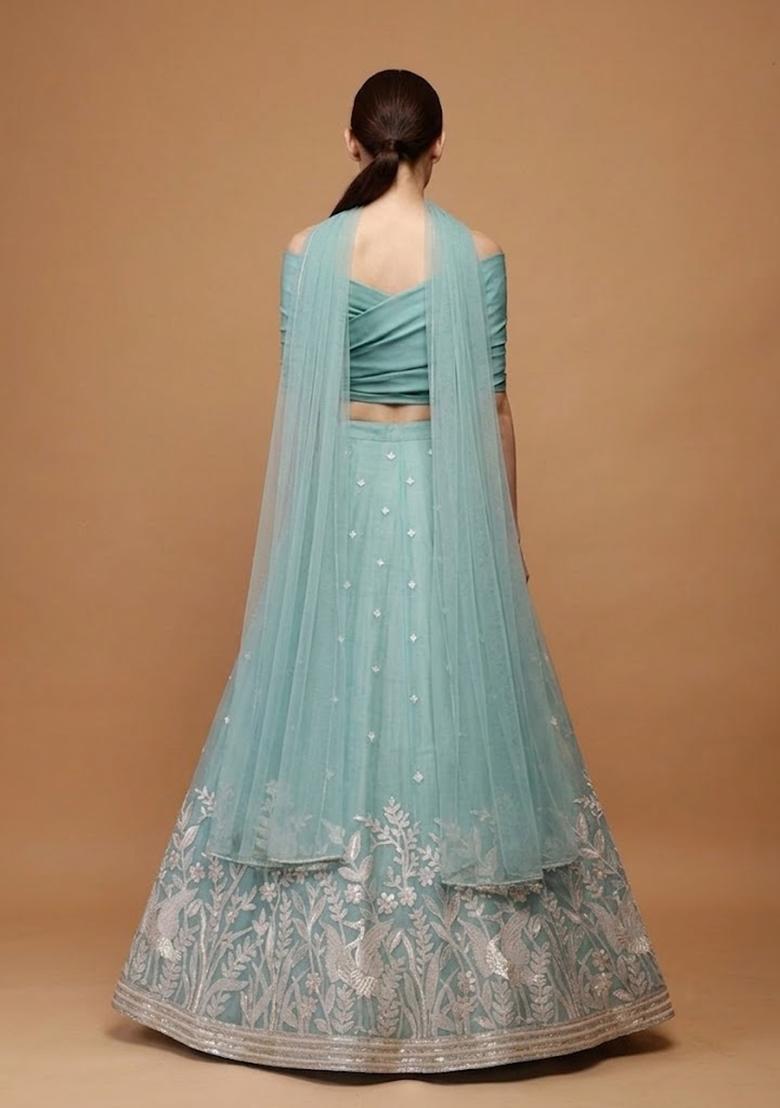 Light Teal Embroidered Chanderi Lehenga Set - Indya