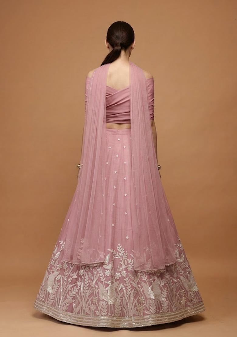 Dusty Pink Embroidered Chanderi Lehenga Set - Indya