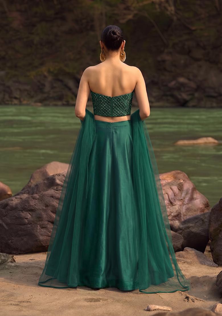 Emerald Green Embroidered Georgette Lehenga Set - Indya
