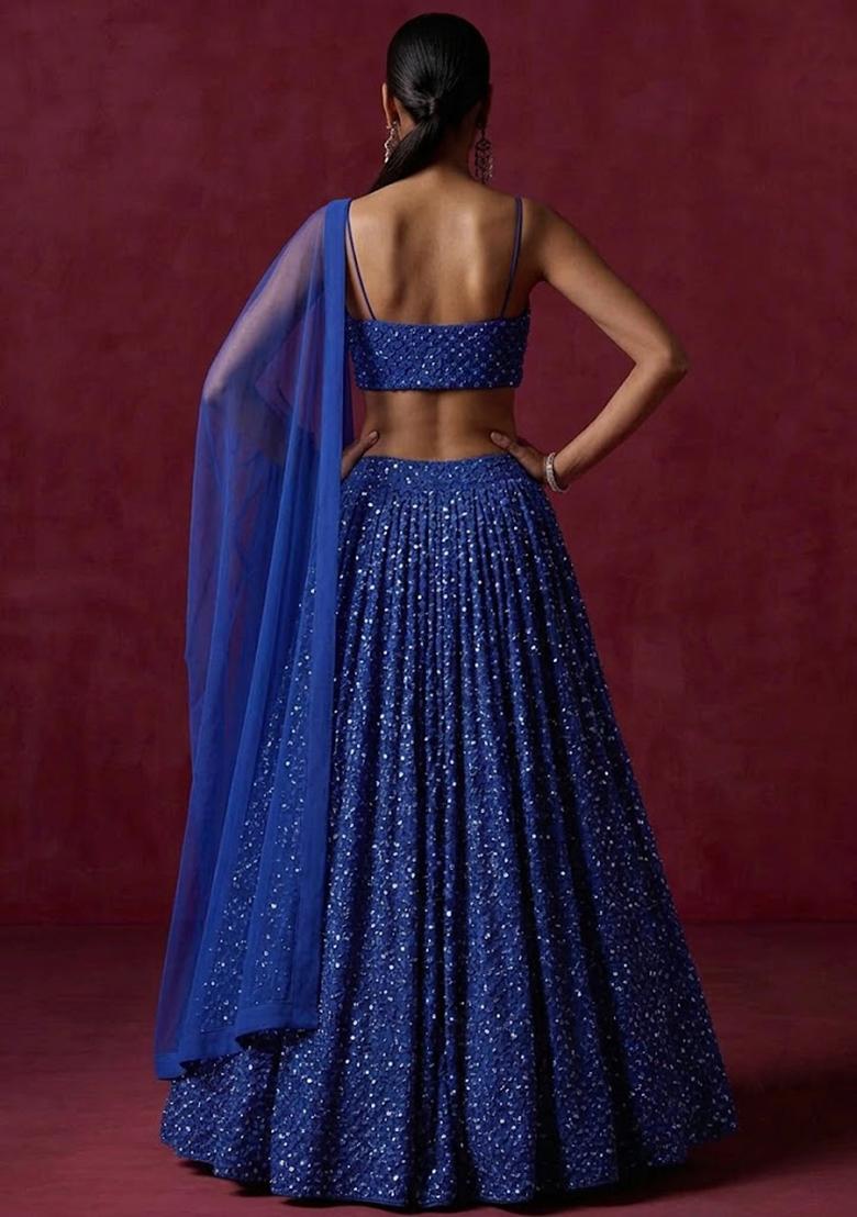 Cobalt Blue Embroidered Georgette Lehenga Set - Indya
