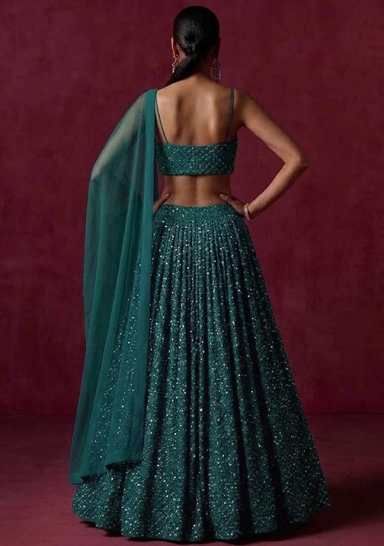 Teal Green Embroidered Georgette Lehenga Set - Indya