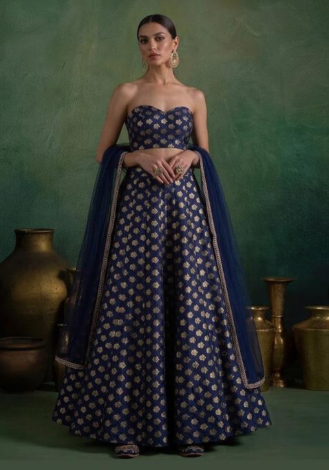 Navy Blue Brocade Lehenga Set