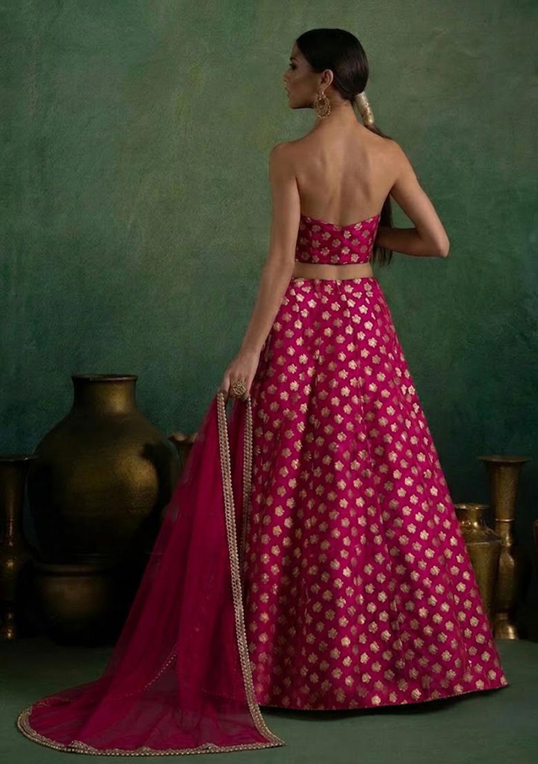 Magenta Pink Brocade Lehenga Set - Indya