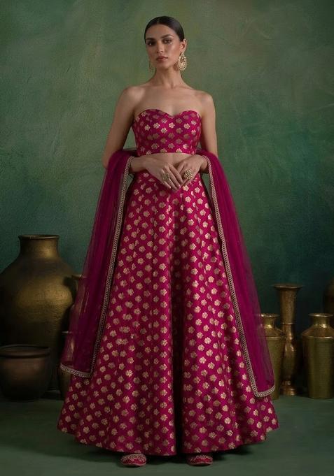 Magenta Pink Brocade Lehenga Set