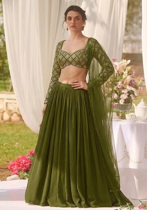 Olive Embroidered Crepe Lehenga Set
