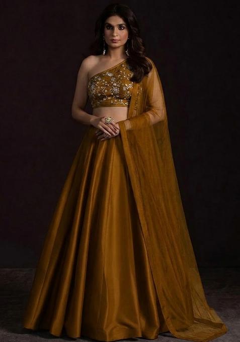 Mustard Olive Embroidered Silk Blend Lehenga Set