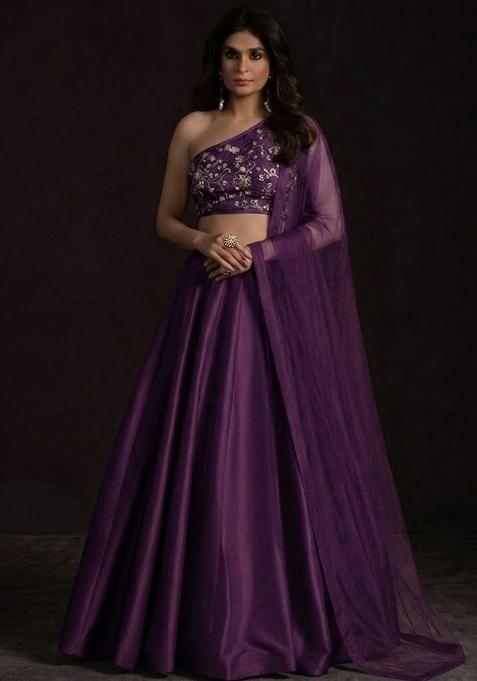 Deep Purple Embroidered Silk Blend Lehenga Set
