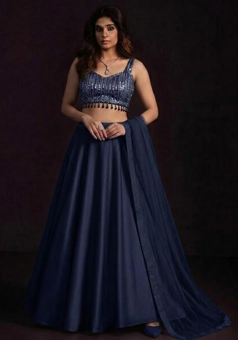 Navy Blue Sequin Net Lehenga Set