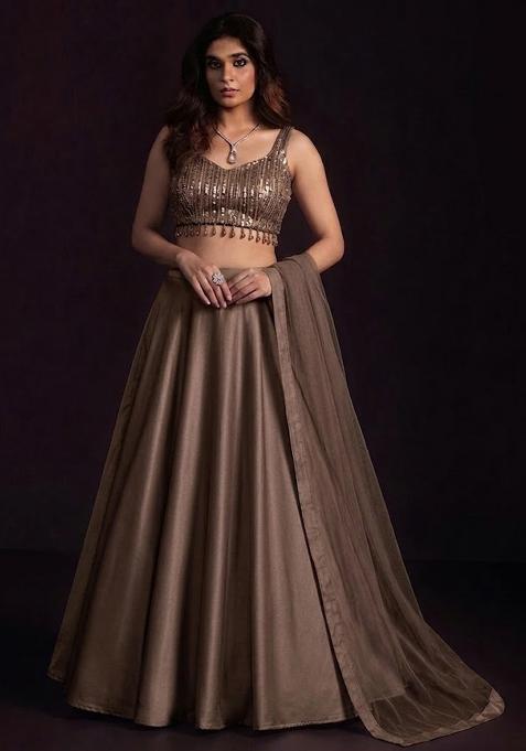 Chocolate Brown Sequin Net Lehenga Set
