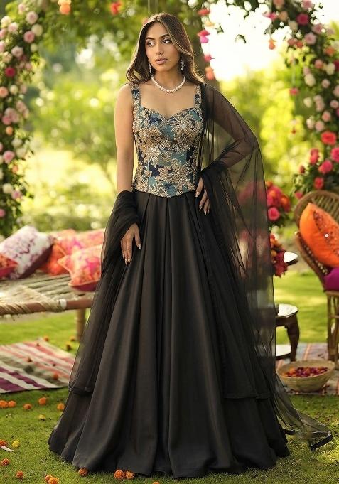 Black Embroidered Silk Blend Lehenga Set