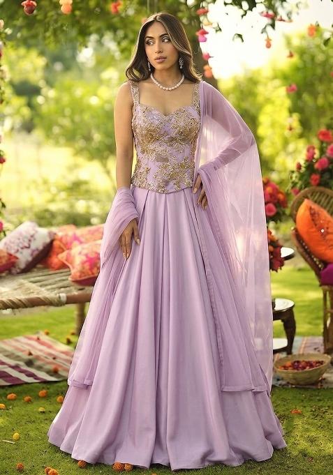 Lilac Embroidered Georgette Lehenga Set