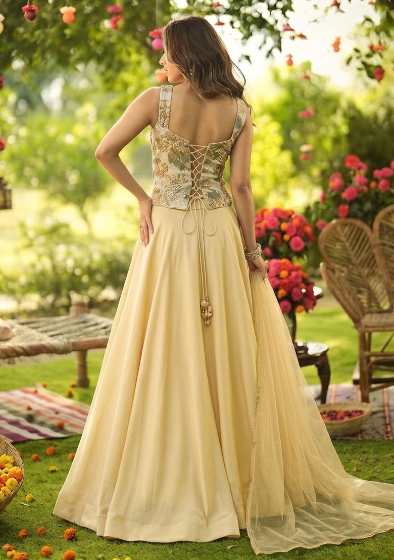 Beige Embroidered Silk Blend Lehenga Set - Indya