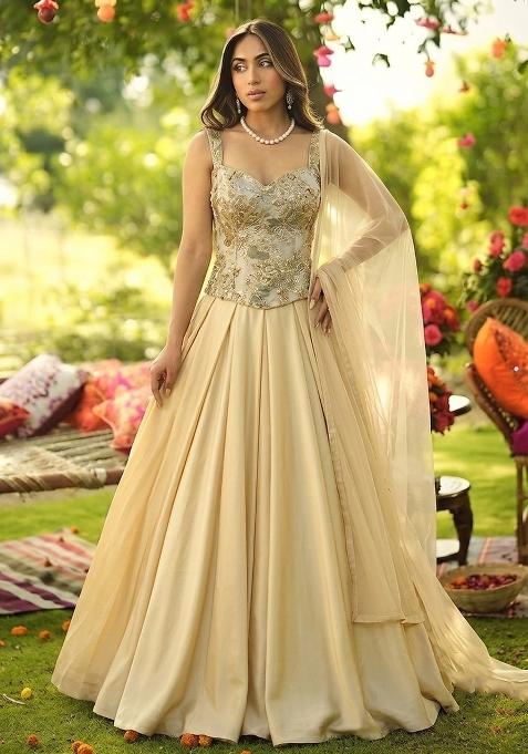 Beige Embroidered Silk Blend Lehenga Set