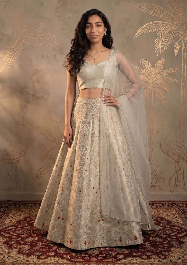 Silver Brocade Lehenga Set - Indya