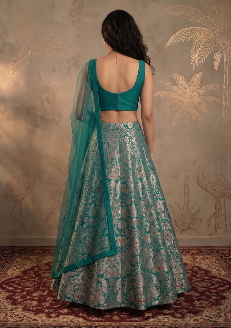 Teal Brocade Lehenga Set - Indya