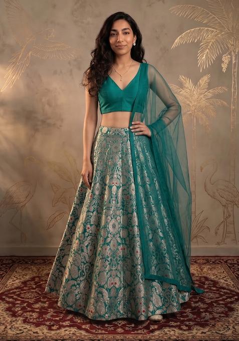 Teal Brocade Lehenga Set