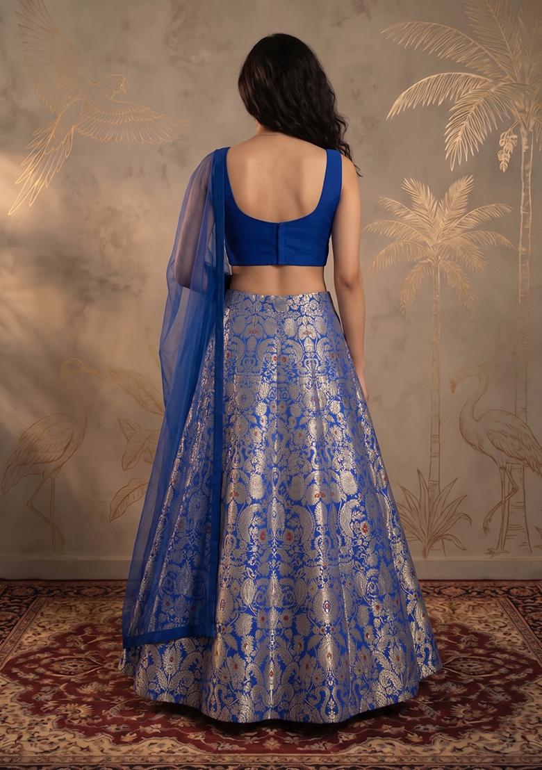 Cobalt Blue Brocade Lehenga Set - Indya