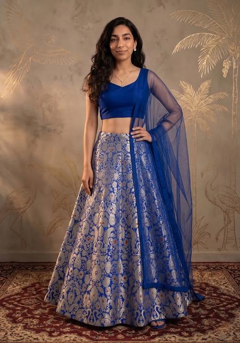 Cobalt Blue Brocade Lehenga Set